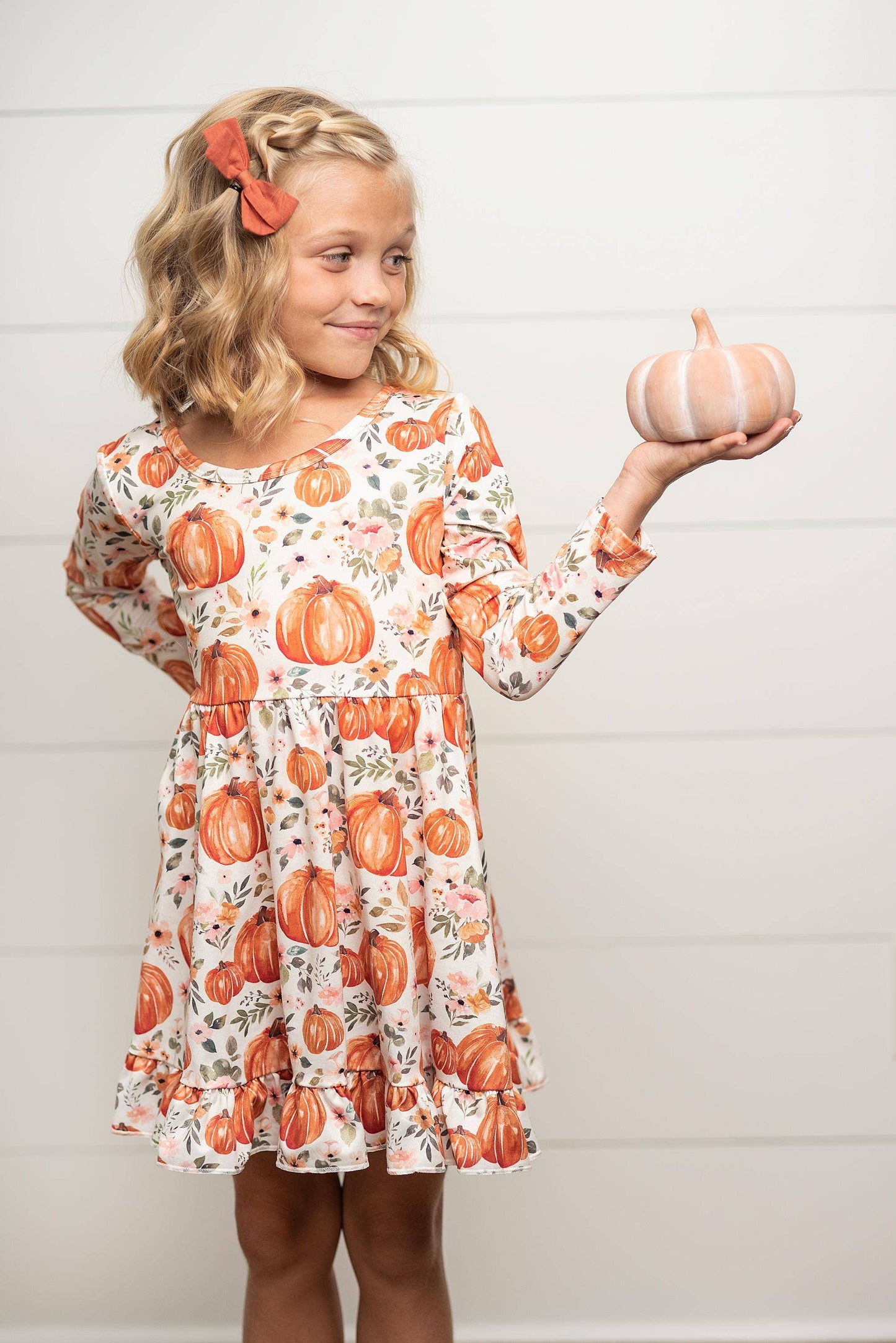 Kids Pumpkin & Floral Print Long Sleeve Fall Twirl Dress