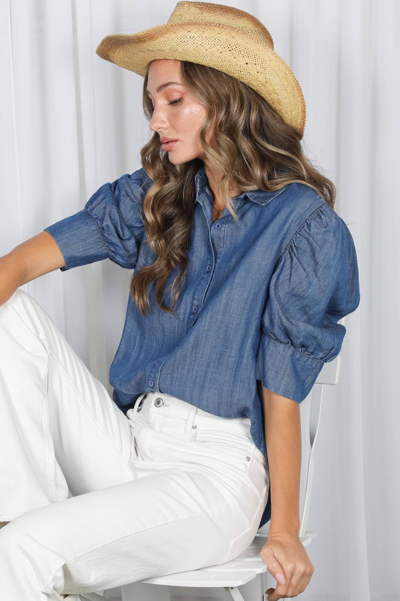 Puff-Sleeve Chambray Shirt