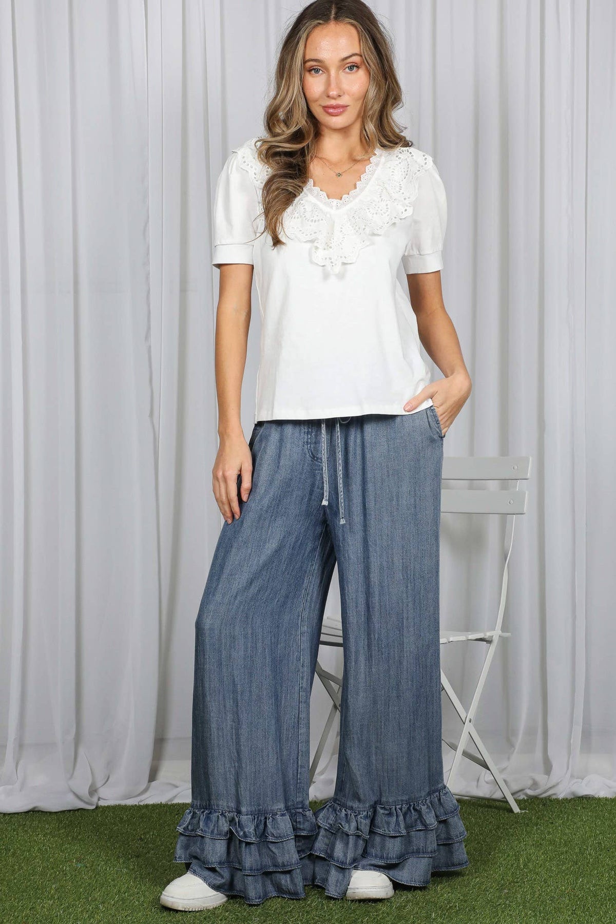 Ruffle Hem Chambray Pants