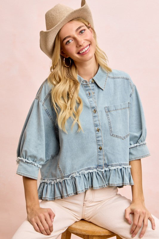 Denim Ruffled Button Up Top