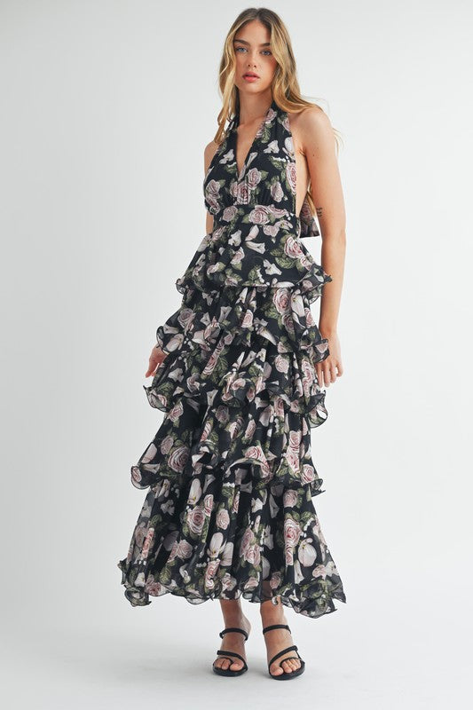Tiered Halter Floral Maxi