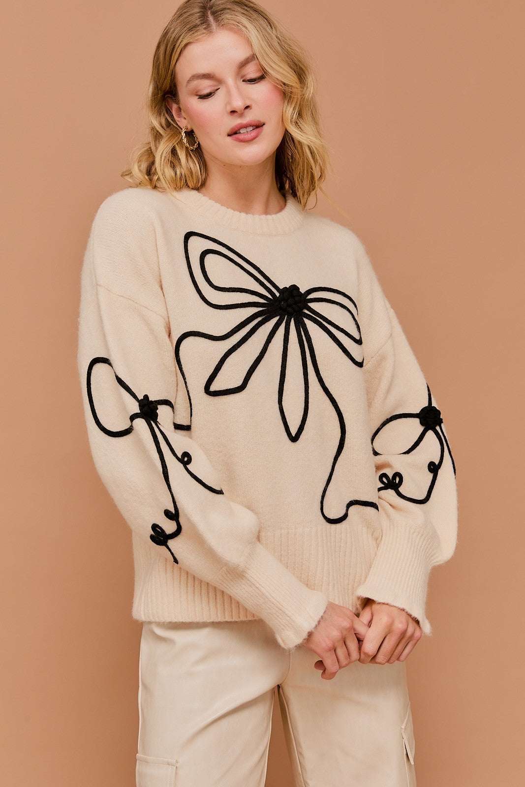 Long Sleeve Crew Neck Ribbon Sweater Top