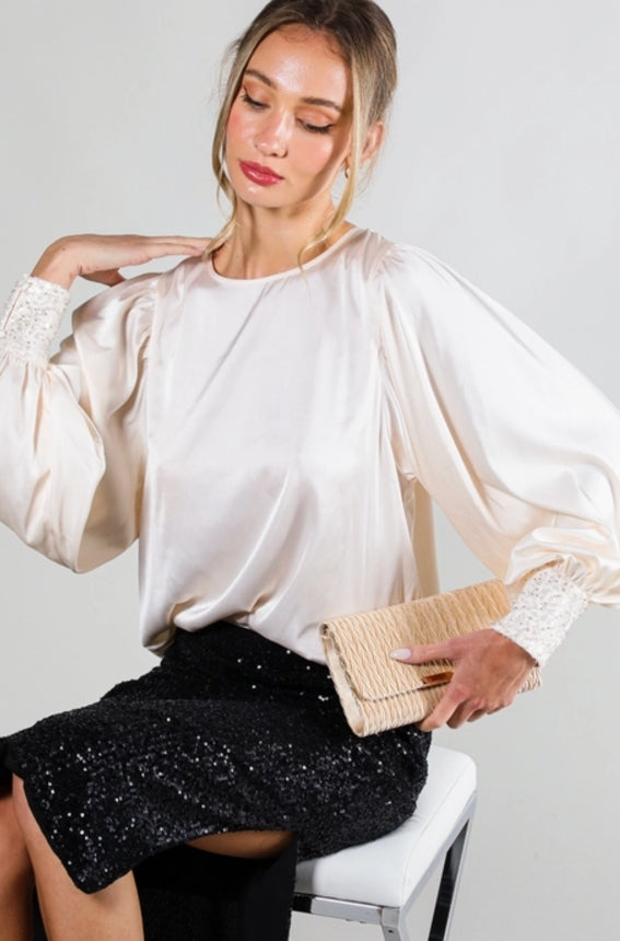 Sequin Cuff Satin Blouse