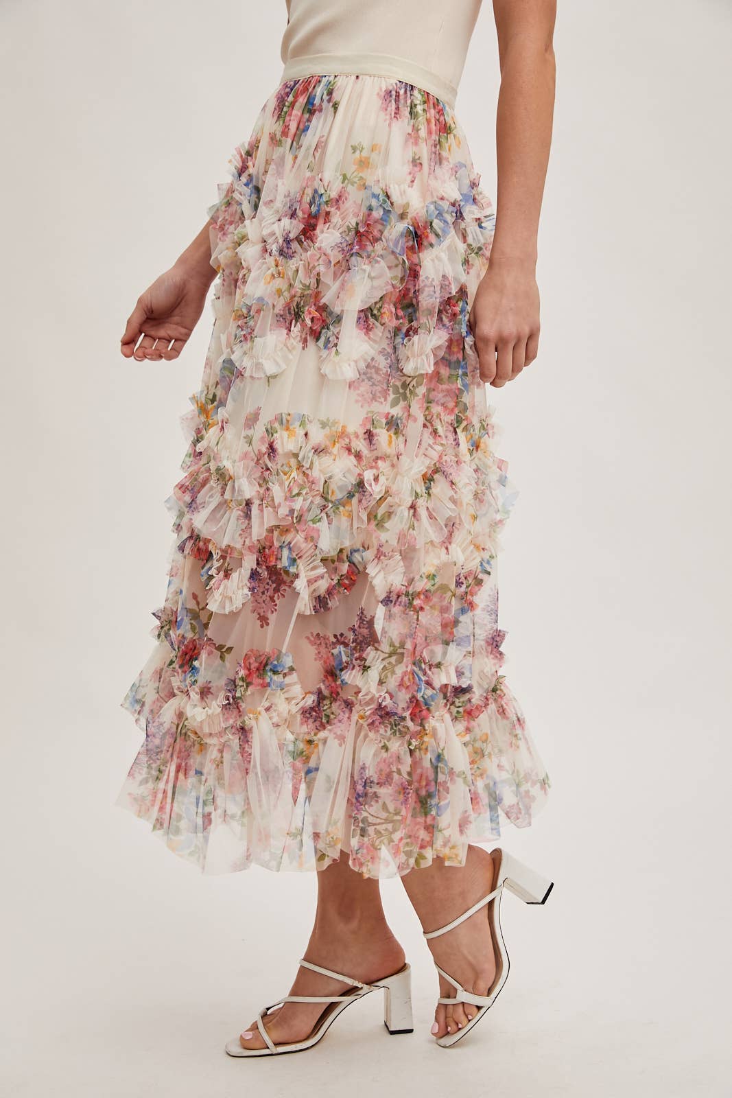 FLORAL MESH MIDI SKIRT