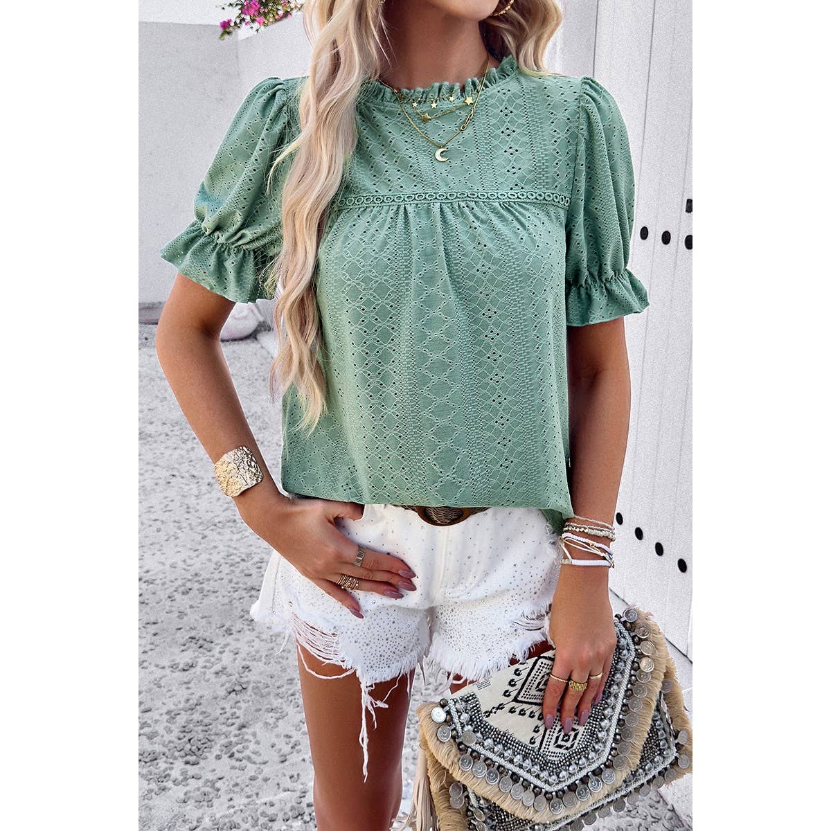 Lace Hollow Out Ruffle Loose Fit Blouse