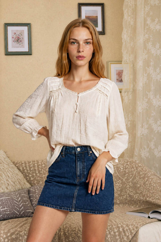 IVORY CROCHET HENLEY TOP