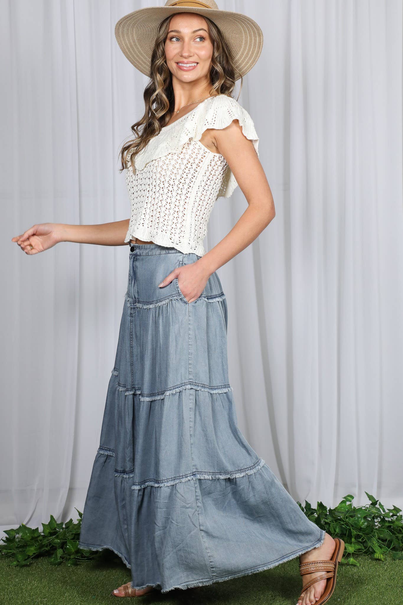 Tiered Denim Maxi Skirt