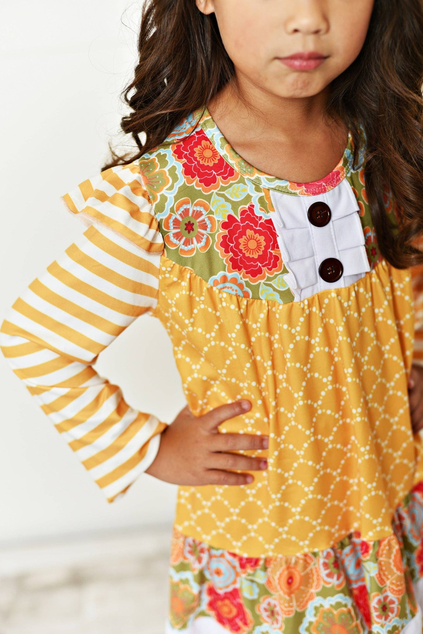 Kids Mustard Stripe Floral Tunic & Ruffle Leggings Fall Set