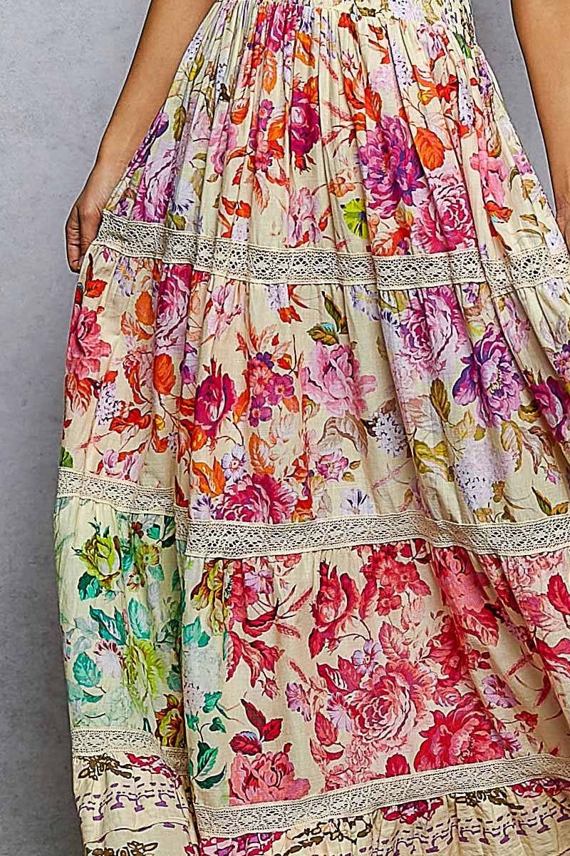 V-neck Smocked Floral Maxi Dress