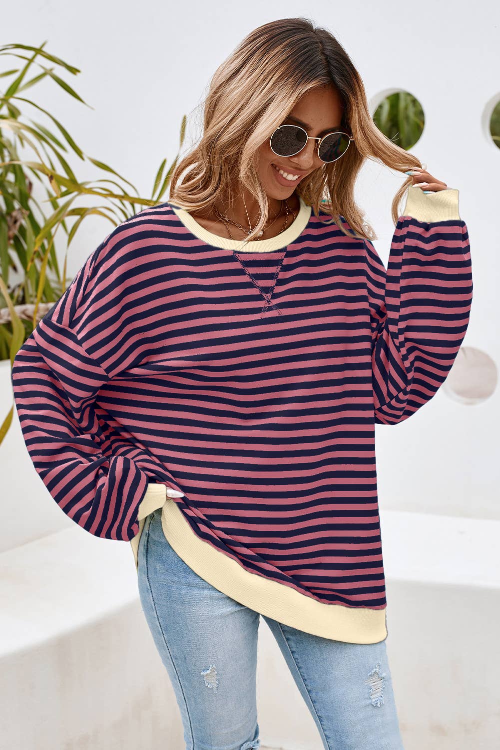 LDC Stripe Contrast Trim Oversized Pullover Sweatshirt