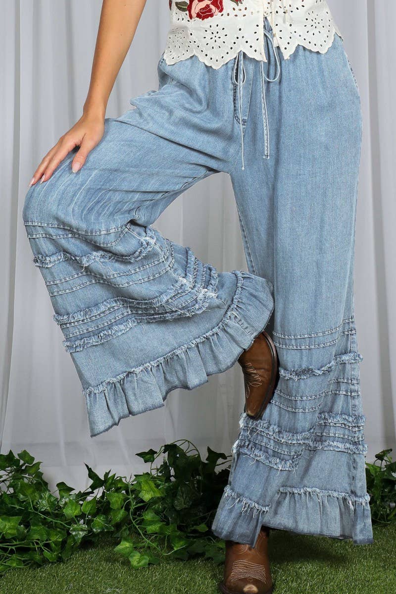 Ruffle Hem Chambray Pants