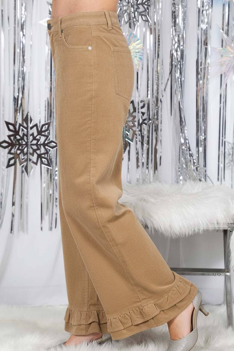 Corduroy Wide-Leg Ruffle Pants
