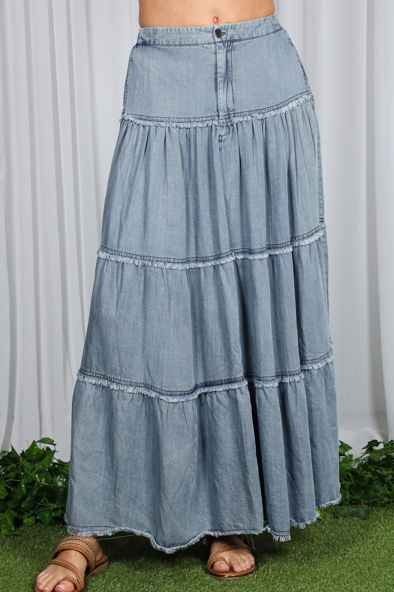 Tiered Denim Maxi Skirt