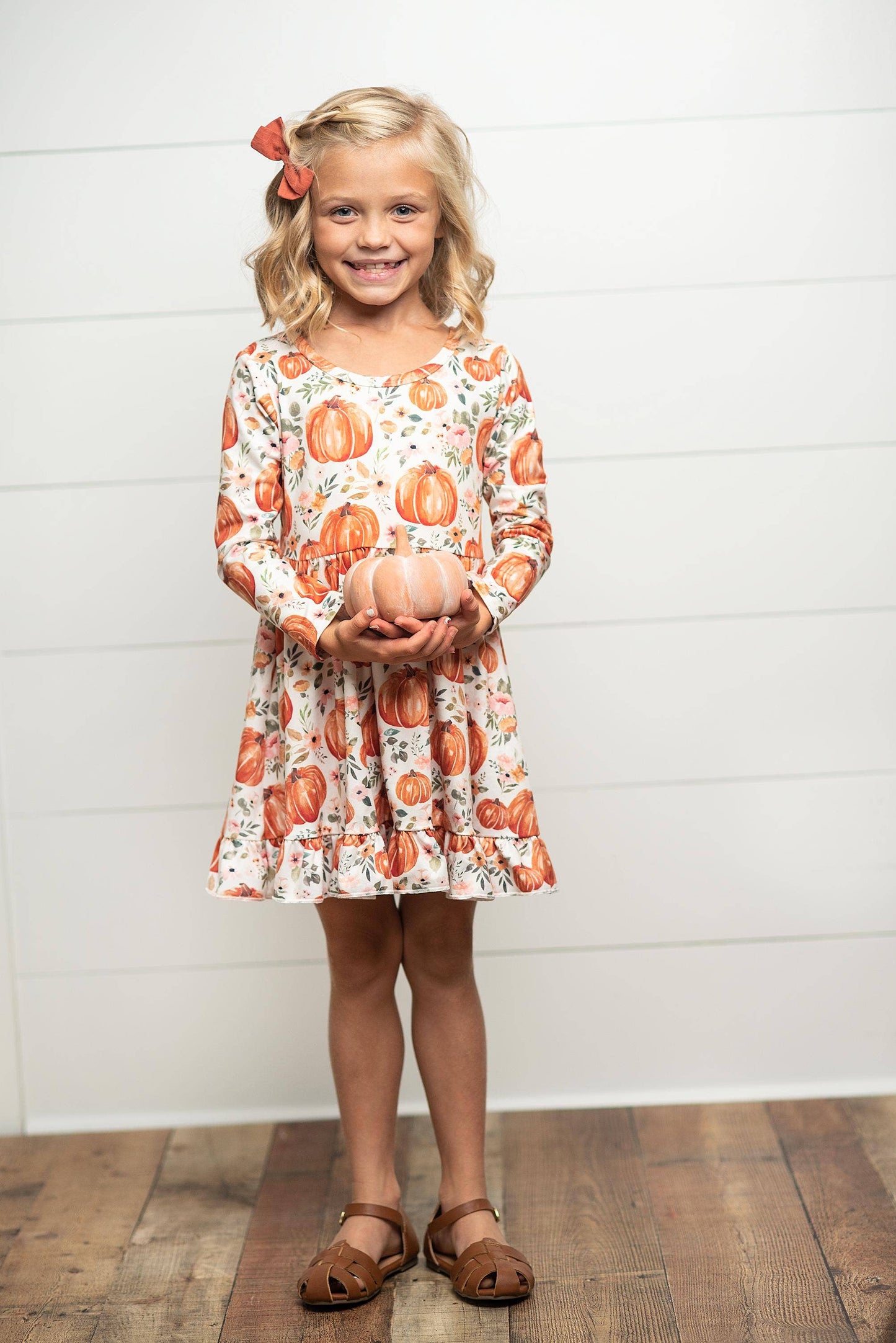 Kids Pumpkin & Floral Print Long Sleeve Fall Twirl Dress