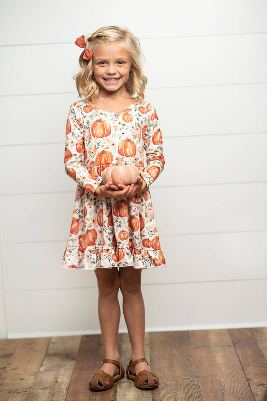 Kids Pumpkin & Floral Print Long Sleeve Fall Twirl Dress