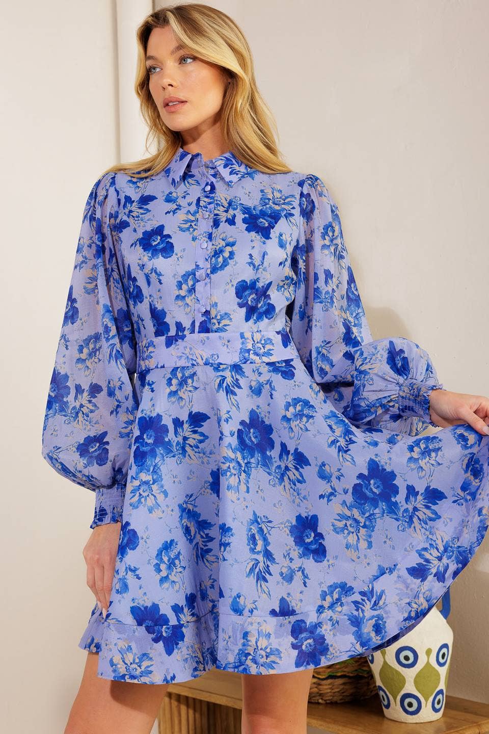 Blue Floral Collared Dress