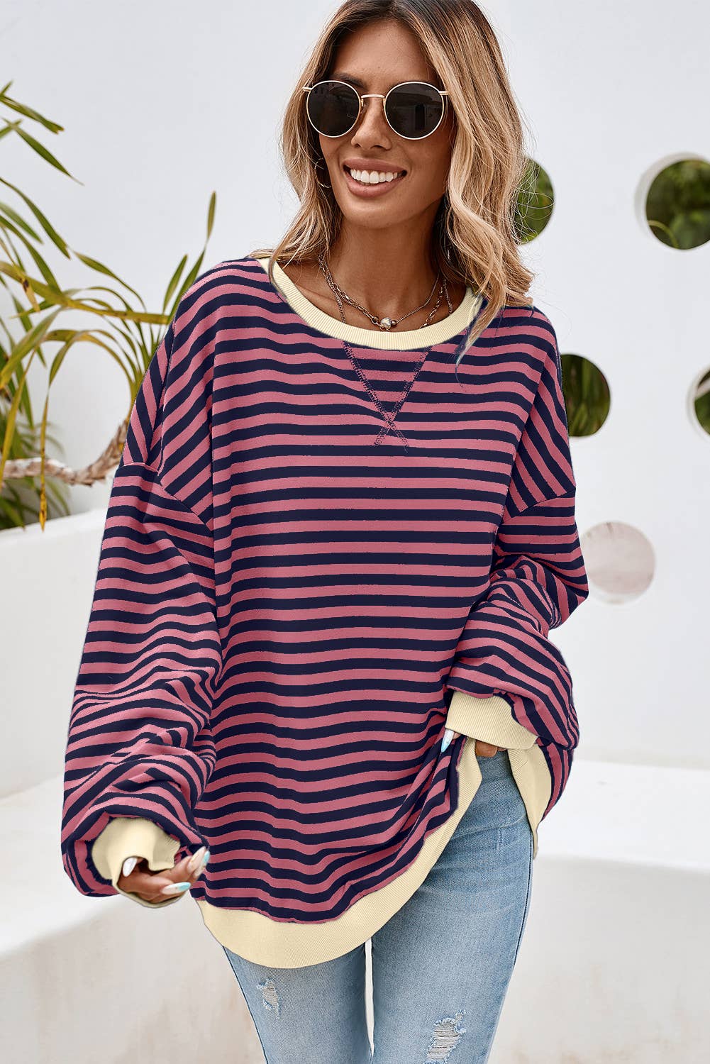 LDC Stripe Contrast Trim Oversized Pullover Sweatshirt