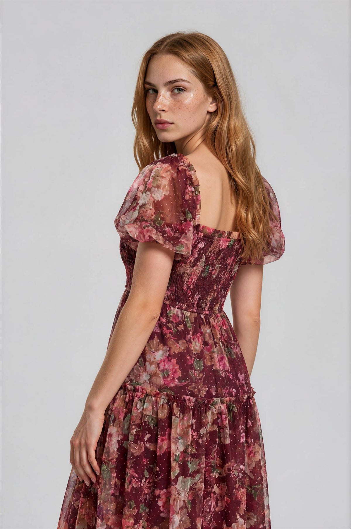 BURGUNDY FLORAL PUFF SLEEVE DRESS