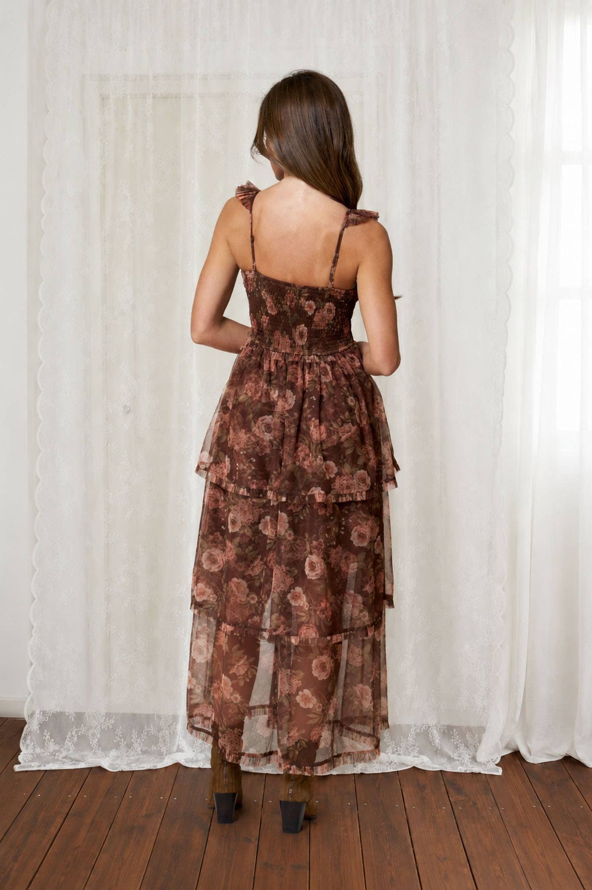 CHIFFON RUFFLE CORSET DRESS-BROWN