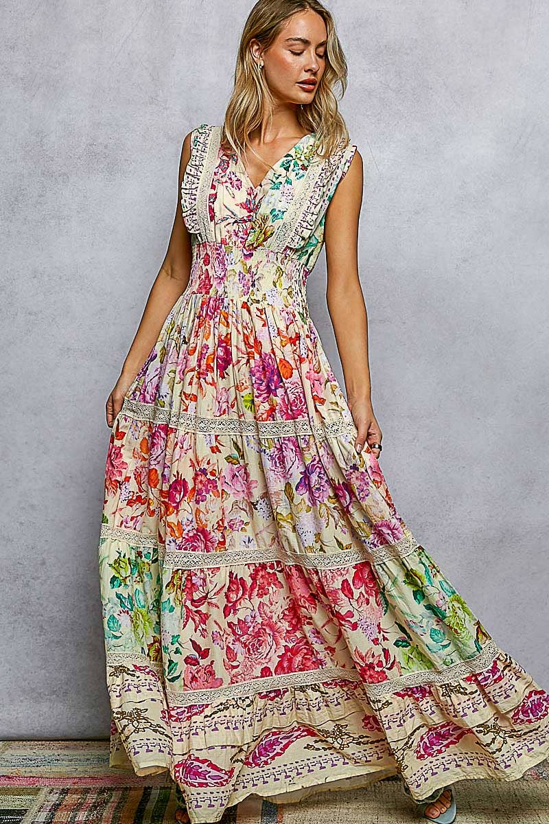 V-neck Smocked Floral Maxi Dress