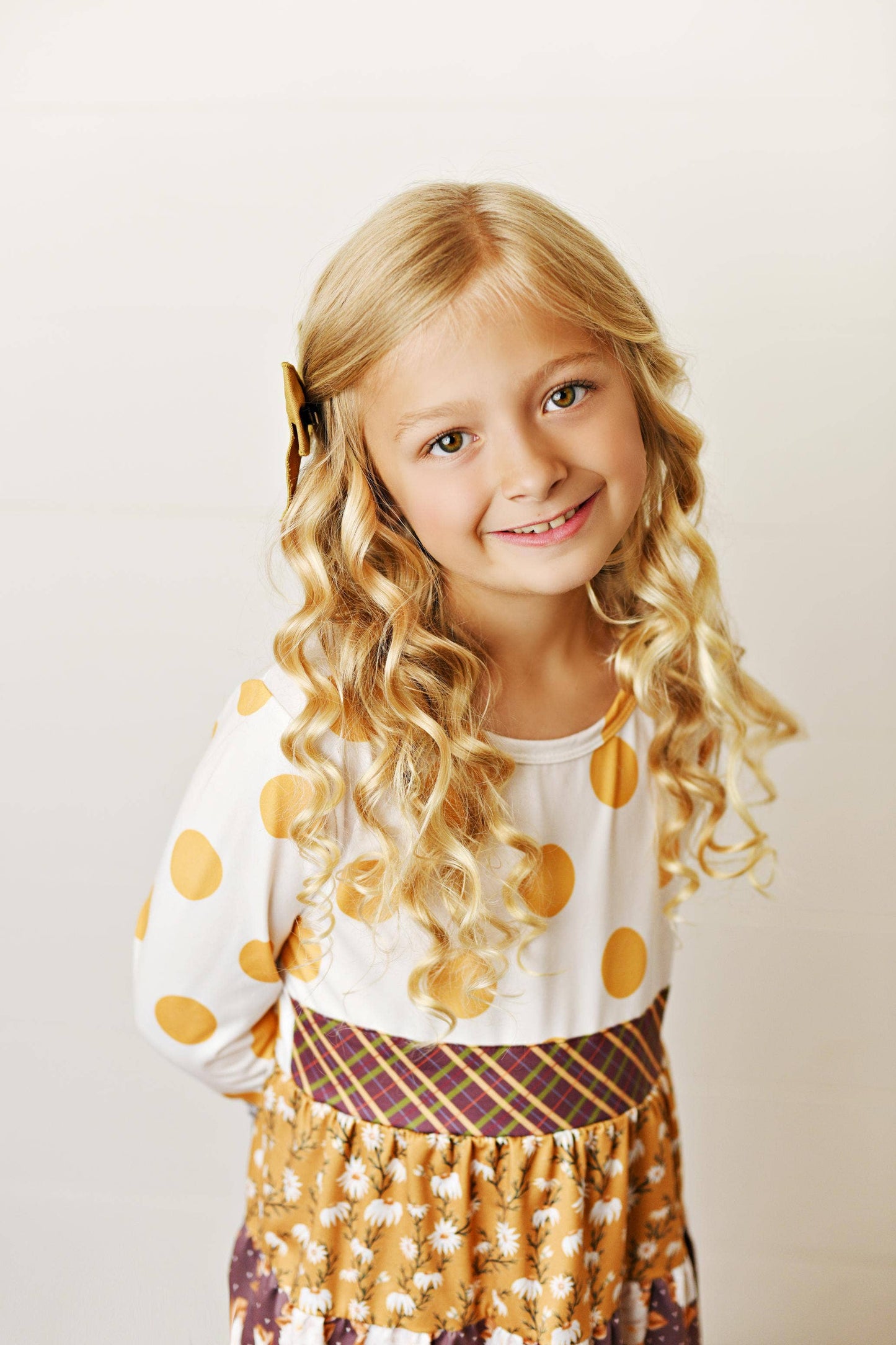 Kids Mustard Polka Dot Multi Print Long Sleeve Tiered Dress