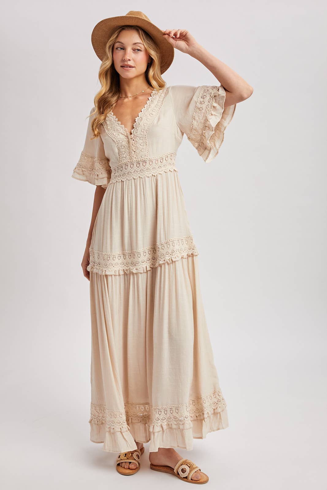 V-NECK LACE TRIM MAXI