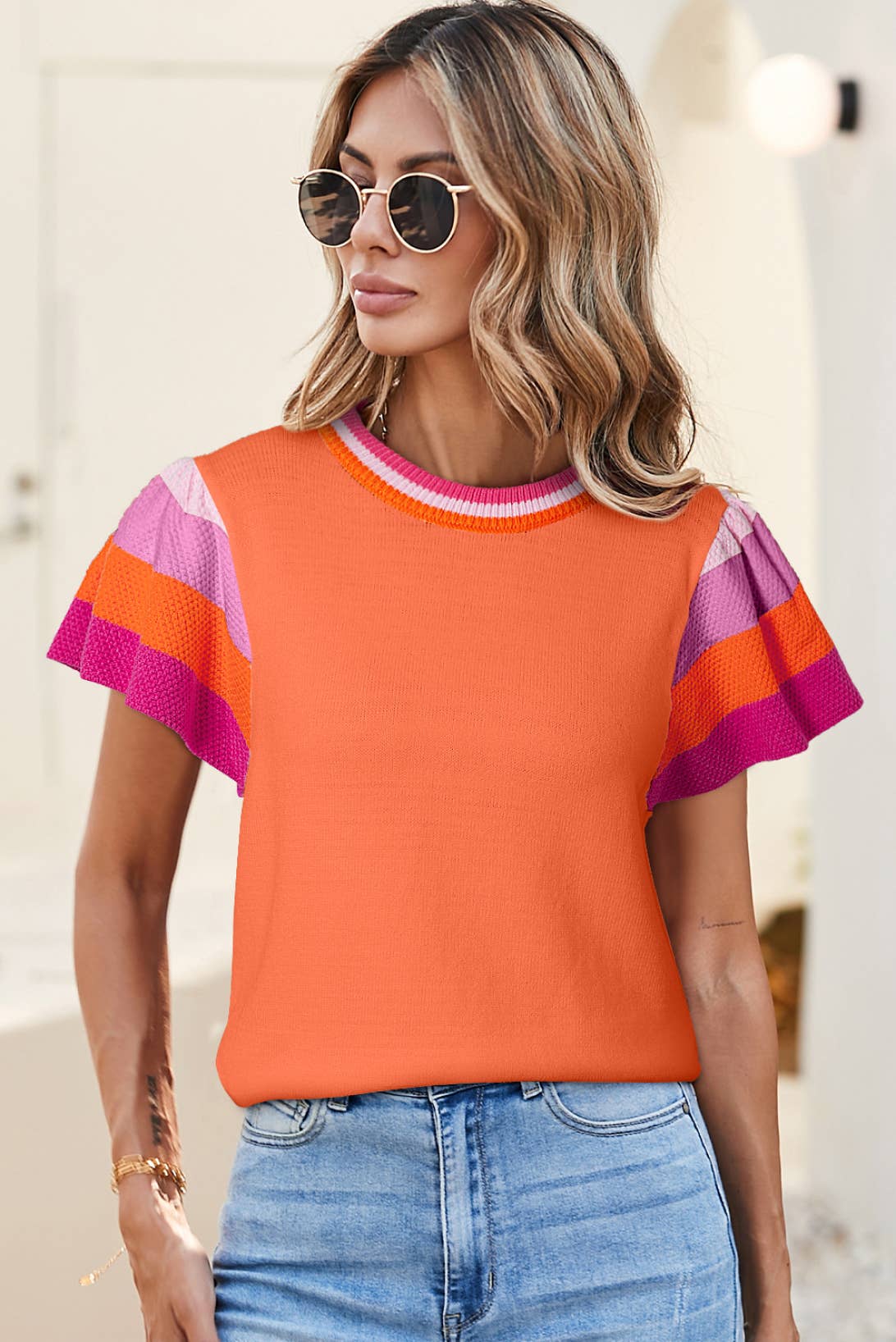 LDC Knitted Contrast Sleeve Round Neck Tee