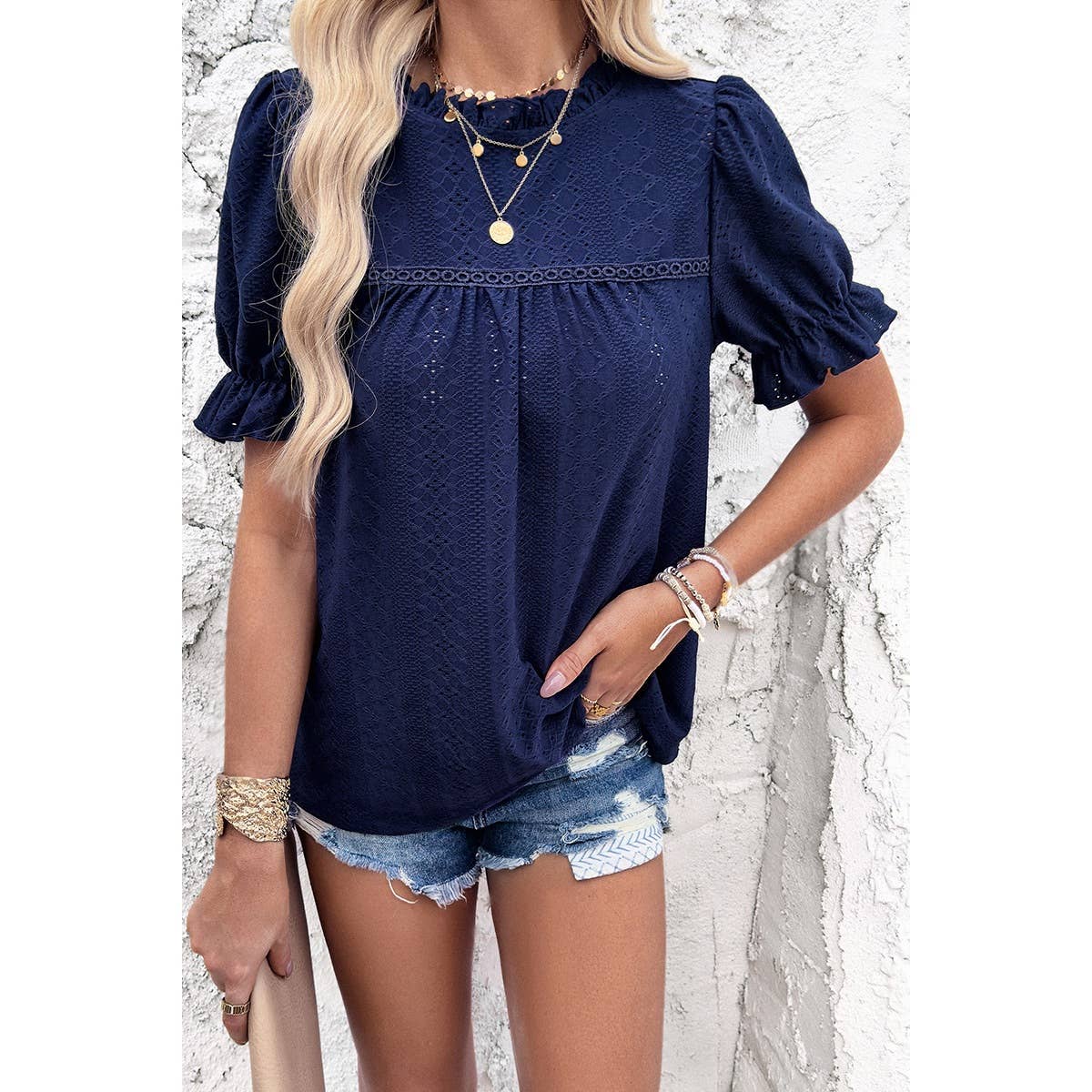 Lace Hollow Out Ruffle Loose Fit Blouse