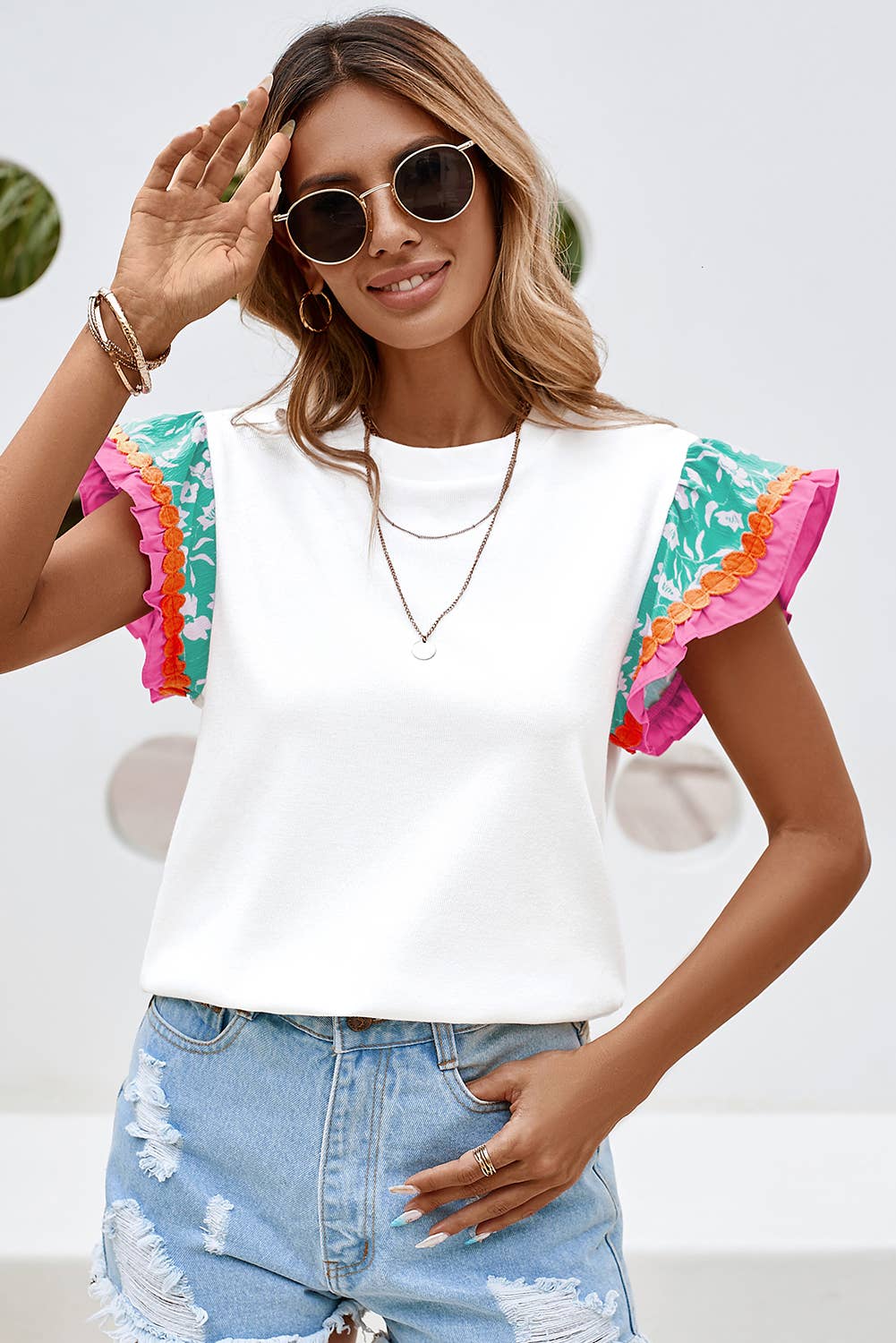 LDC Salma Contrast Rainbow Ruffle Sleeve Top