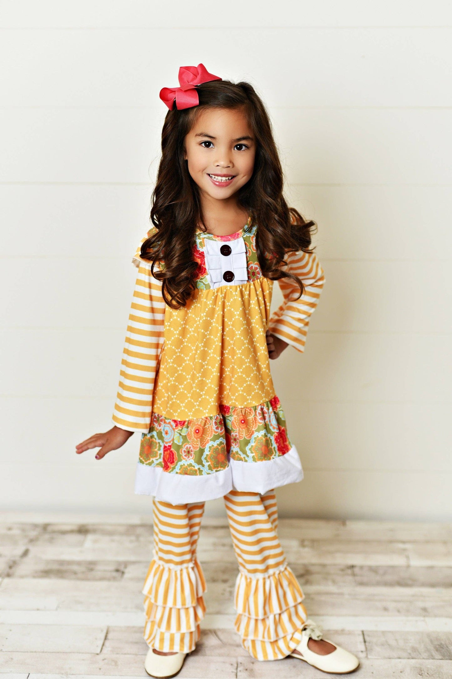 Kids Mustard Stripe Floral Tunic & Ruffle Leggings Fall Set