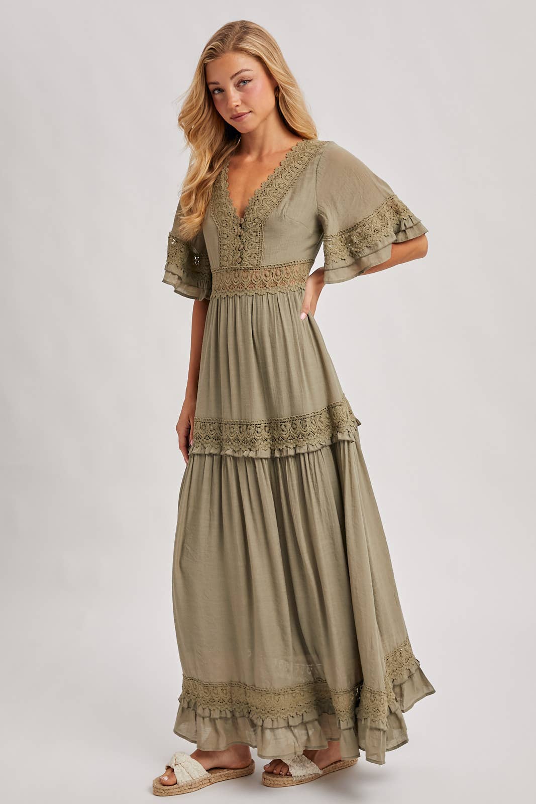 V-NECK LACE TRIM MAXI