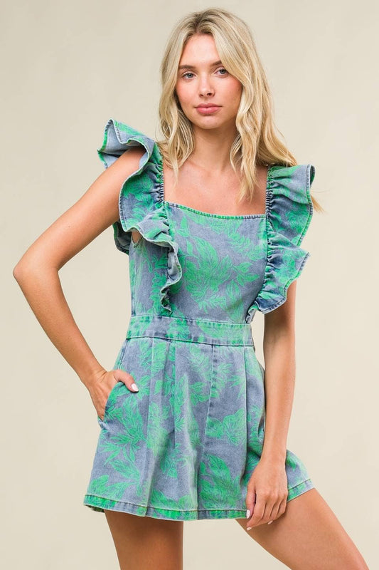 Printed Denim Romper