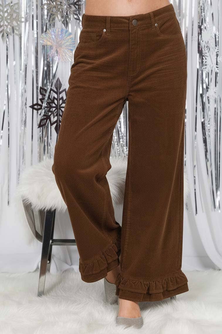 Corduroy Wide-Leg Ruffle Pants