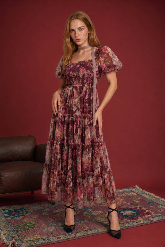 BURGUNDY FLORAL PUFF SLEEVE DRESS