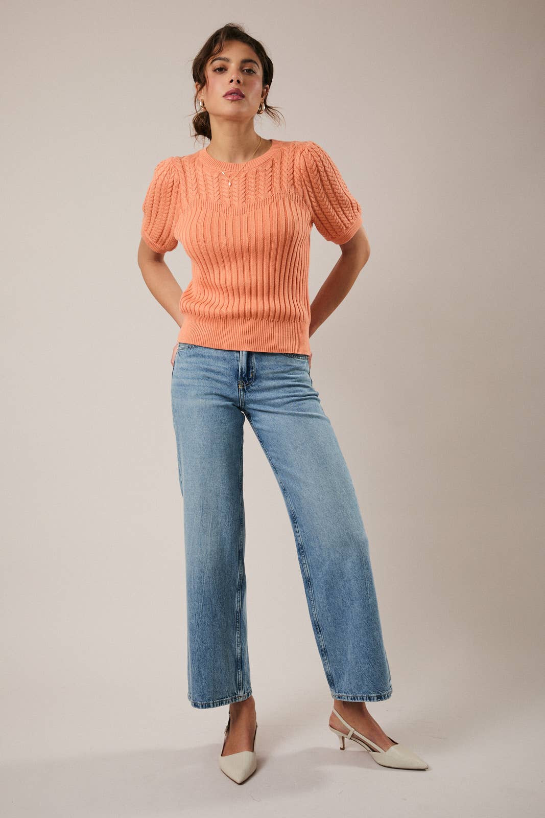 PUFF SLEEVE CABLE SWEATER