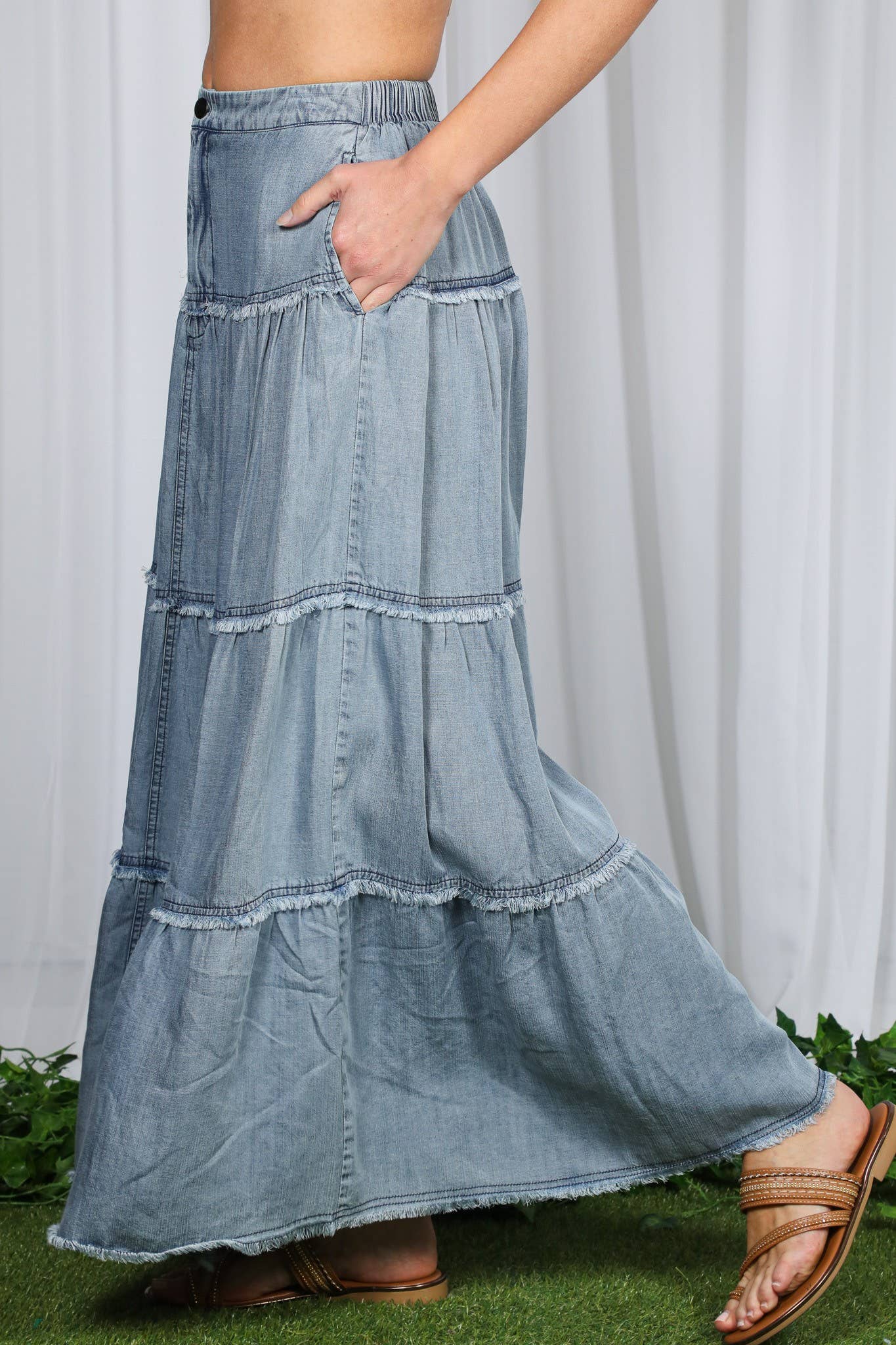 Tiered Denim Maxi Skirt