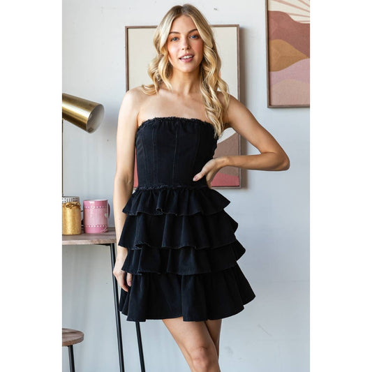 DENIM RUFFLED MINI DRESS