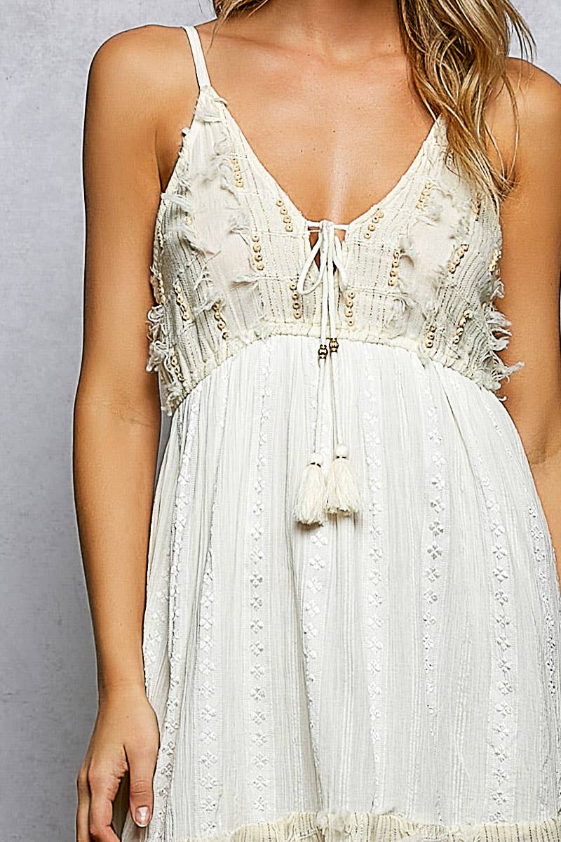 V-Neck Tassel Trim Smocked Dress