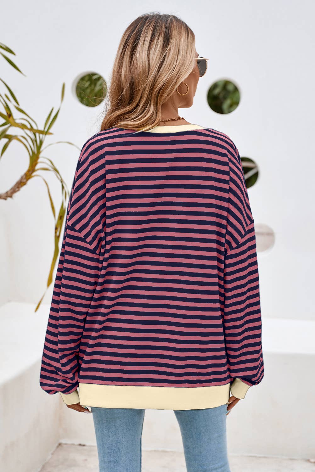 LDC Stripe Contrast Trim Oversized Pullover Sweatshirt