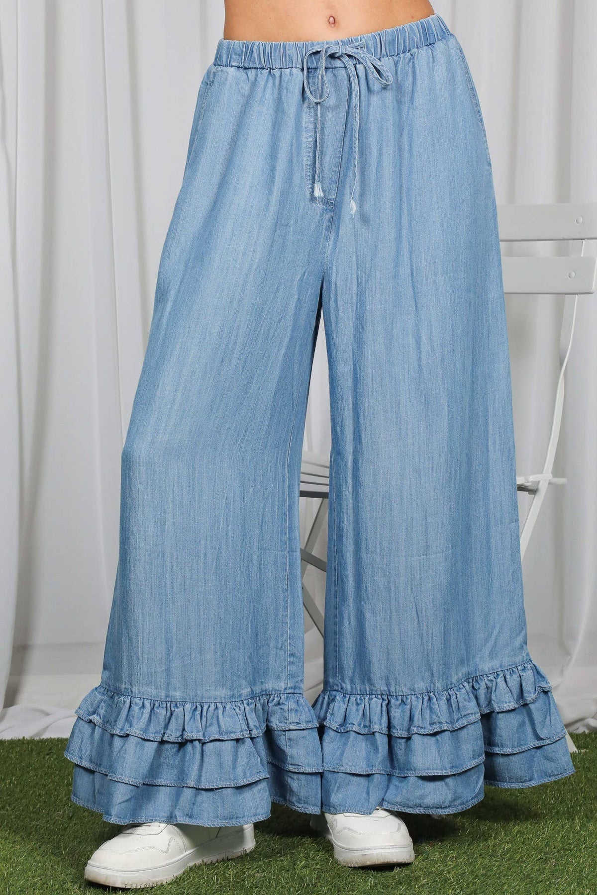 Ruffle Hem Chambray Pants