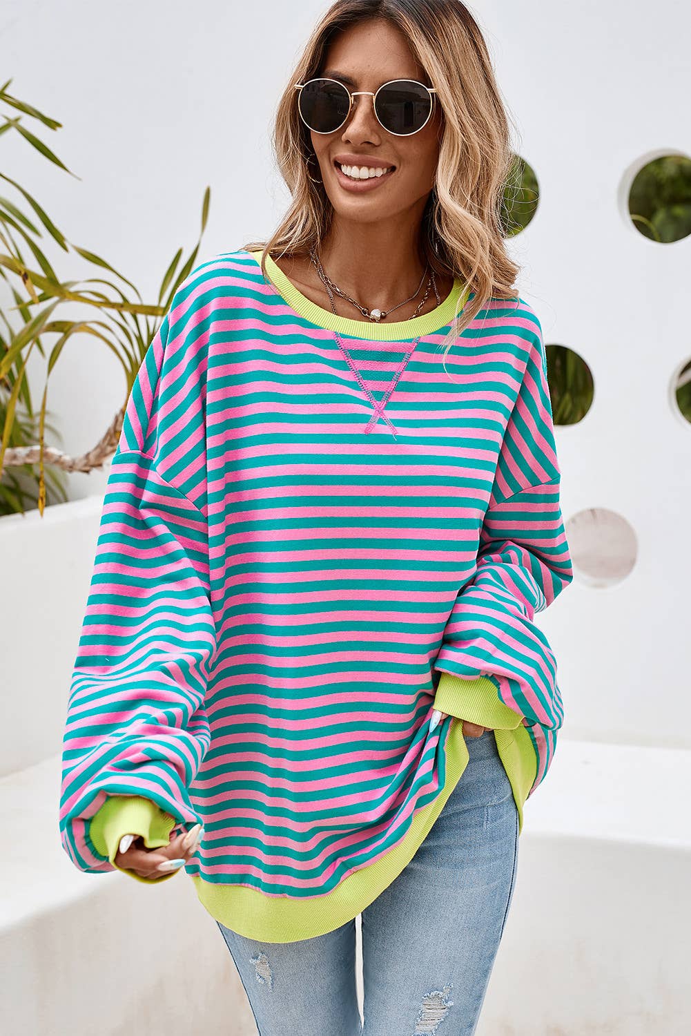 LDC Stripe Contrast Trim Oversized Pullover Sweatshirt