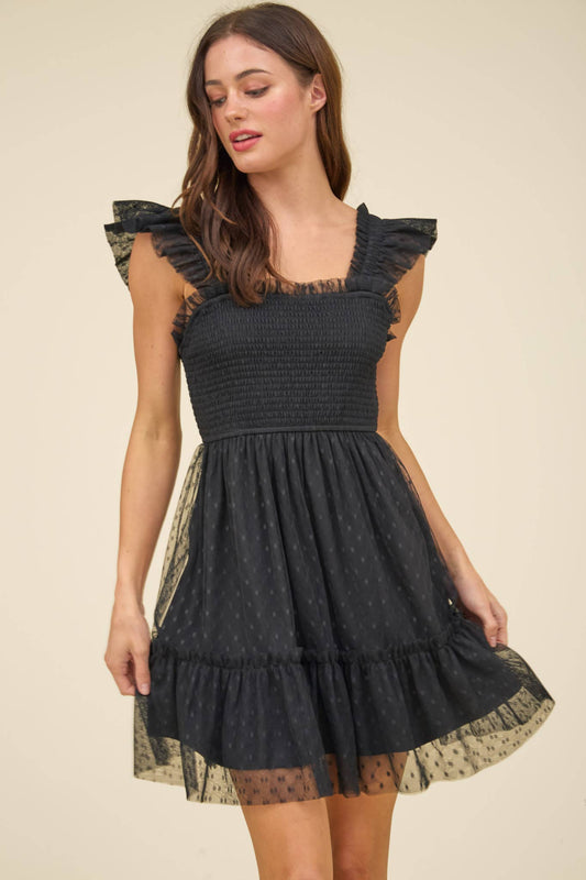 POLKA DOT SMOCKED MINI DRESS