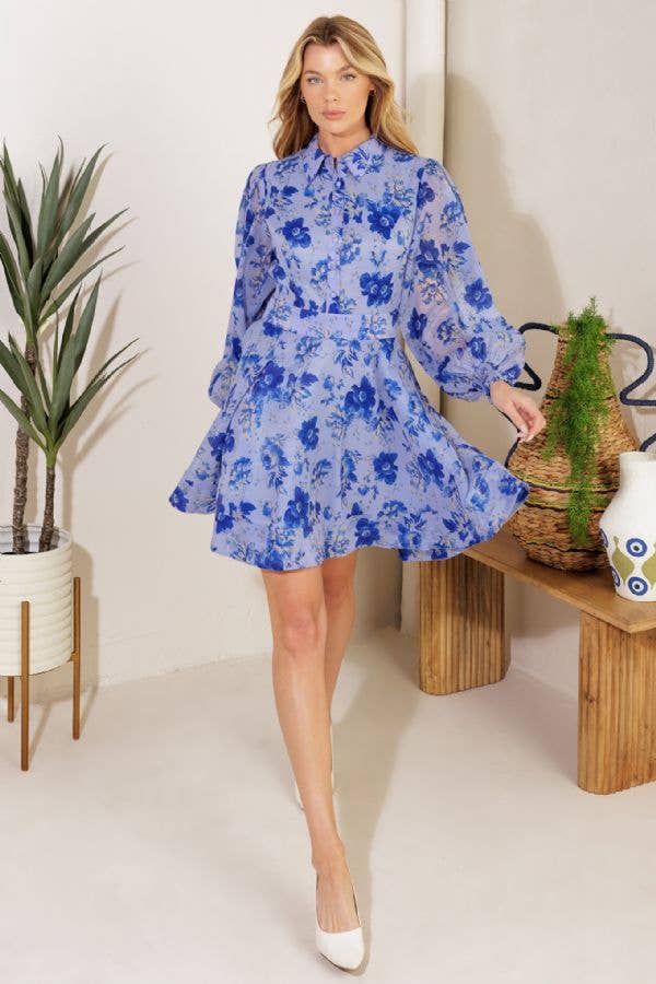 Blue Floral Collared Dress