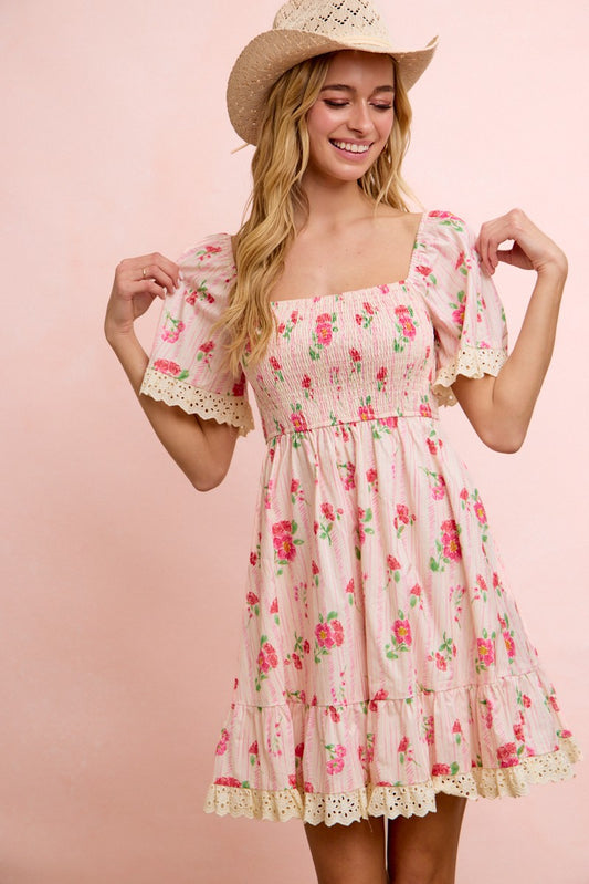 Floral Dress W/Eyelet Ruffle