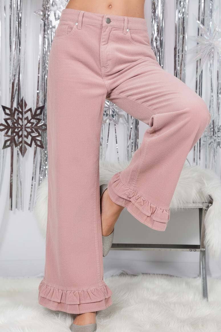 Corduroy Wide-Leg Ruffle Pants