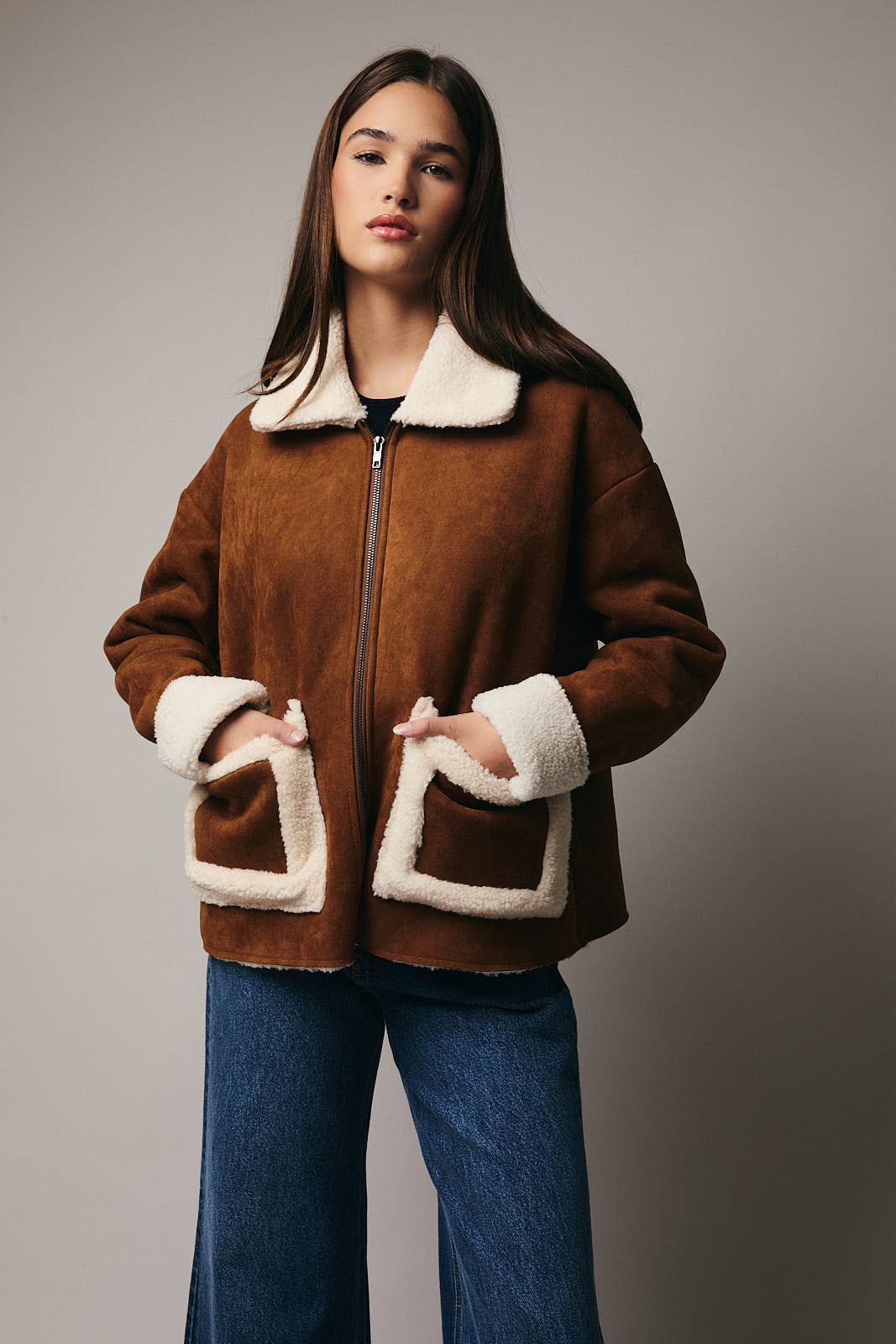 SUEDE JACKET w/FAUX SHEARING