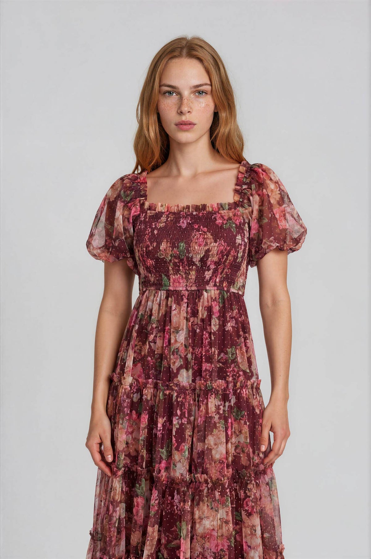 BURGUNDY FLORAL PUFF SLEEVE DRESS