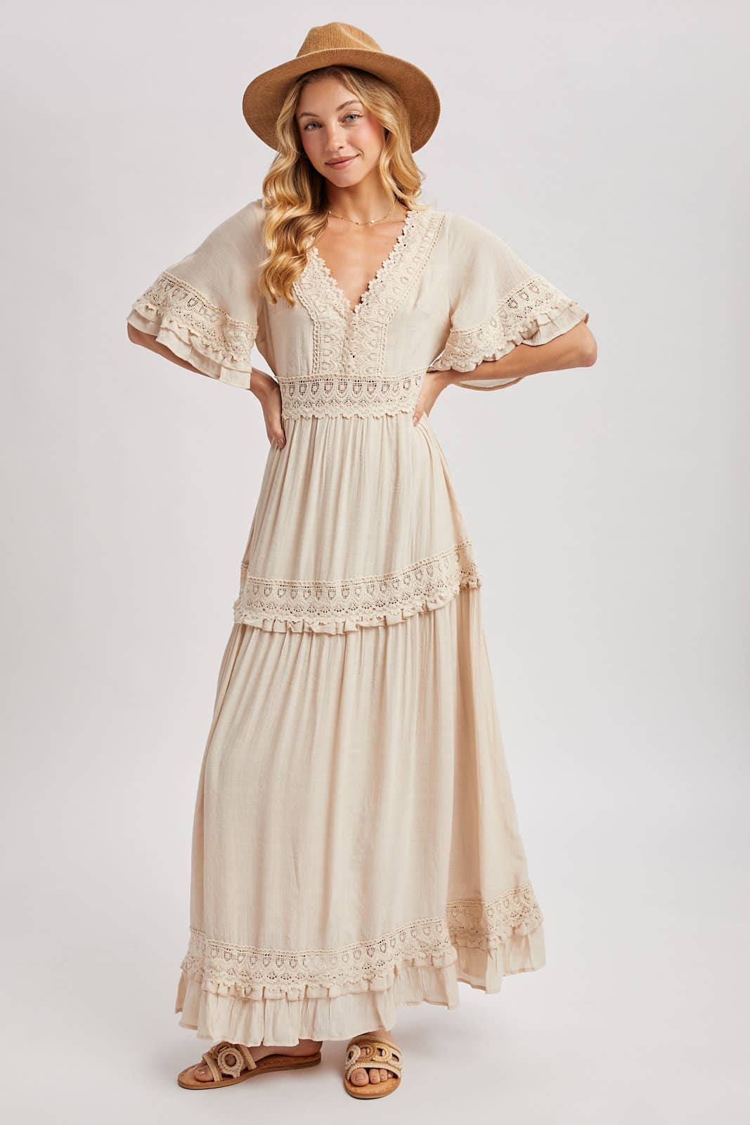 V-NECK LACE TRIM MAXI