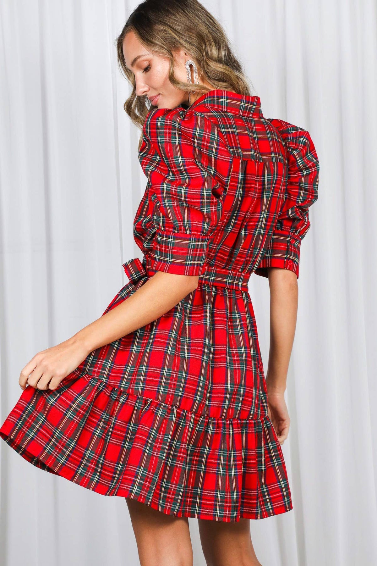 Plaid  Puff Sleeve Mini Dress