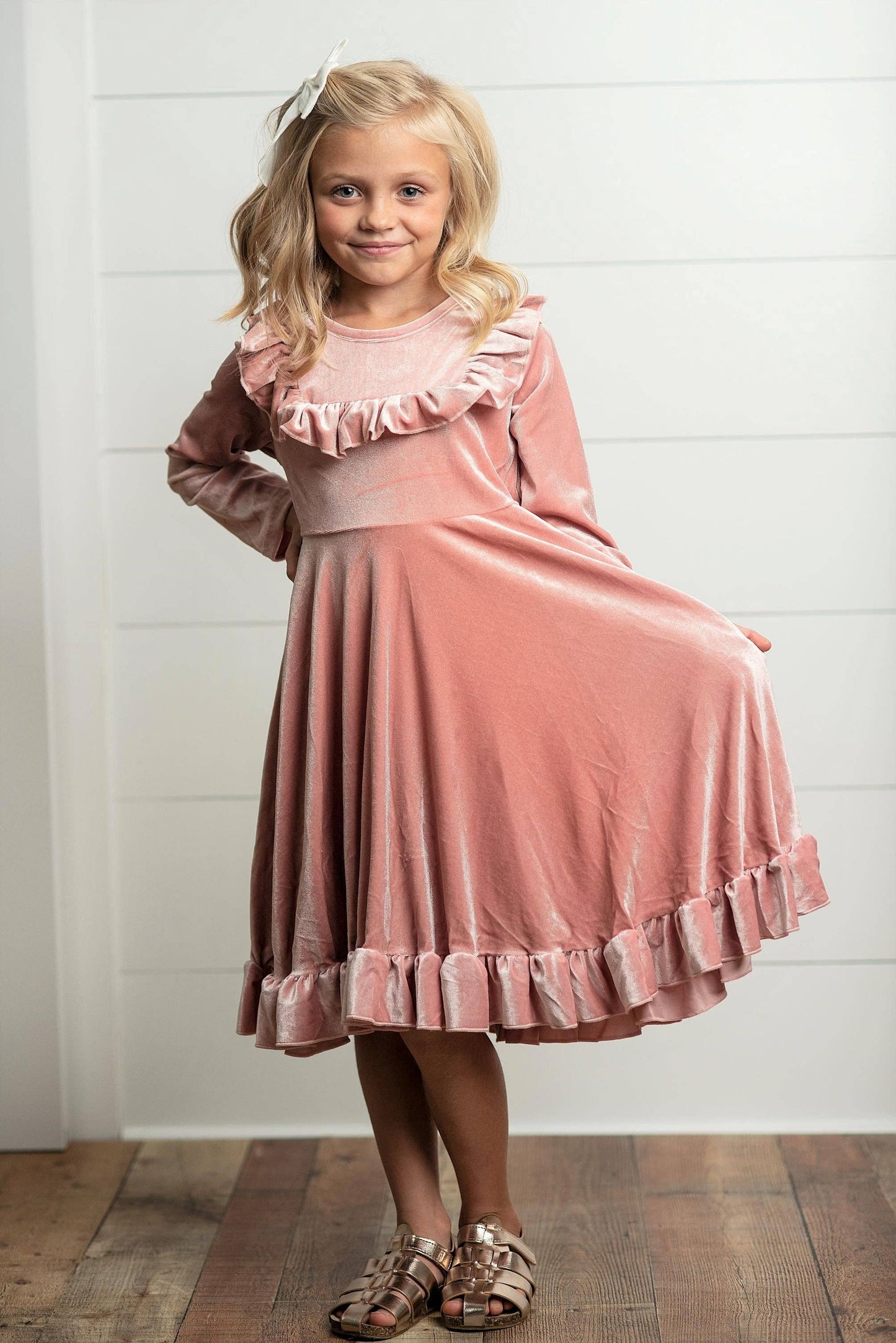 Kids Pink Velvet Ruffle Fancy Winter Christmas Holiday Dress